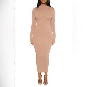 Naked Wardrobe Women's Size M Long Sleeve High Neck Midi Pencil Dress, Coco